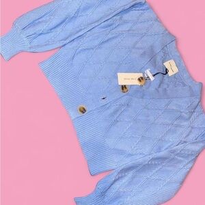 Pink Rose Textured Blue Cardigan with Gold Buttons